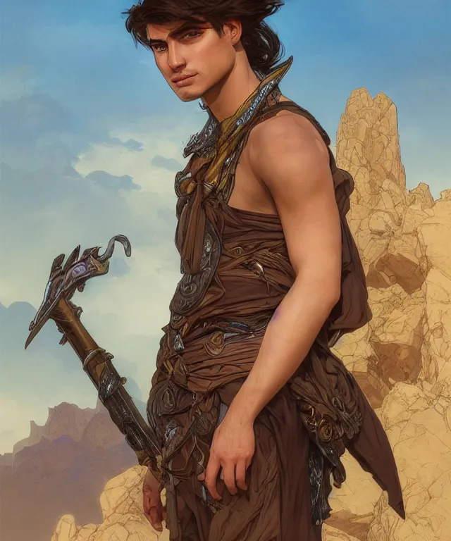 Image similar to An adventurer in the desert with the power of foresight, handsome young face, medium straight hair, fantasy, intricate, elegant, highly detailed, digital painting, artstation, concept art, smooth, sharp focus, illustration, art by artgerm and greg rutkowski and alphonse mucha