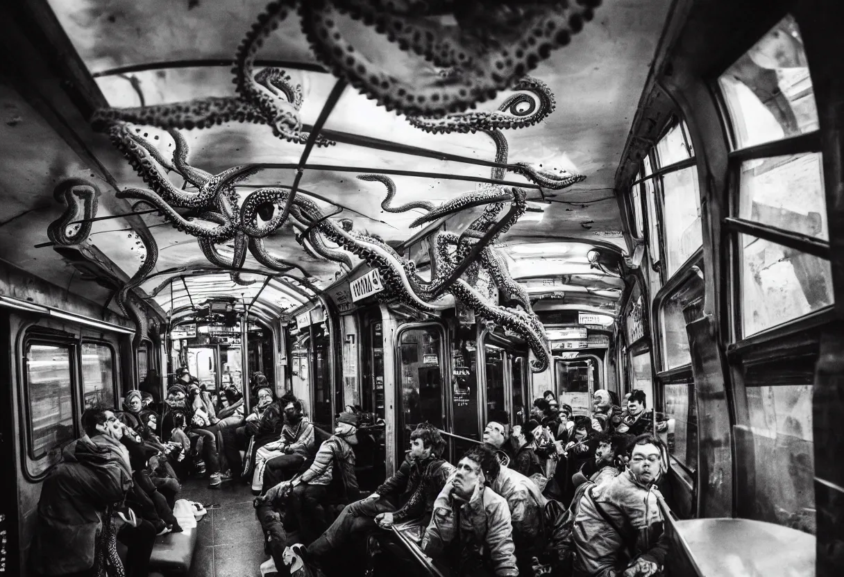 Image similar to a busy subway wagon, there is a huge monster octopus on the interior, tentacles creeping in through the windows and gaps, people are scared and screaming while trying to flee through the windows, 1 6 mm lens,