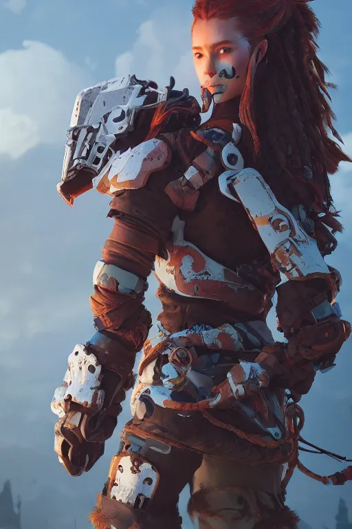 Image similar to combination suit armor aloy horizon forbidden west horizon zero dawn robot ninja mask helmet backpack tribal, aesthetic octane render, 8 k hd resolution, by ilya kuvshinov and cushart krentz and gilleard james radiating a glowing aura cgi rtx 2 0 2 2