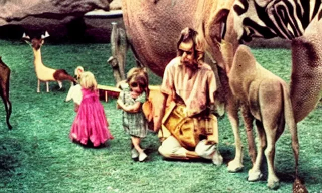 Image similar to full - color cinematic movie still from a 1 9 6 8 surreal film directed by salvador dali about children visiting a zoo. bizarre ; dream - like.