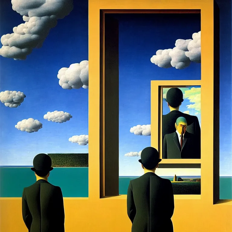 Image similar to a man looks into his own reflection and sees nothing, by rene magritte and salvador dali, surreal, oil on canvas, hyper detailed, vivid