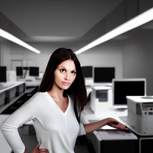 Prompt: a woman surrounded by printers, photorealistic, studio lighting, white ambient background, highly detailed