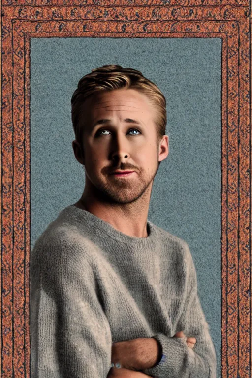 Prompt: Ryan Gosling in an old sweater with a deer pattern stands against the background of a Persian carpet, Polaroid photo, realistic proportions, soft light, soft colors art