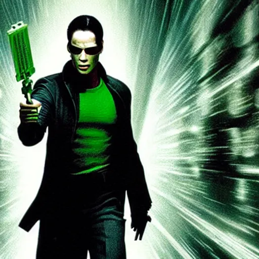 Image similar to neo dodges a bullet in the matrix, the matrix ( 1 9 9 9 )