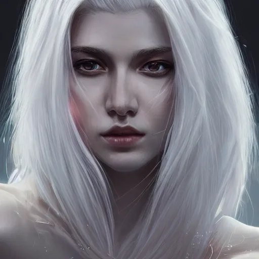 Image similar to god, young, white hair, long hair, intricate, ethereal, highly detailed, sharp focus, artstation, digital painting, by stanley lau and artgerm