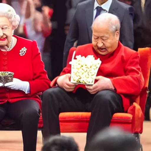 Image similar to photo of the Queen of England body slamming Xi Jinping while Justin Trudeau eats popcorn,