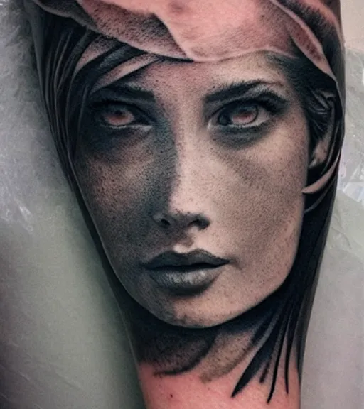 Image similar to hyper realism tattoo sketch of a beautiful woman face double exposure effect with beautiful mountains, in the style of matteo pasqualin, amazing detail, sharp, faded