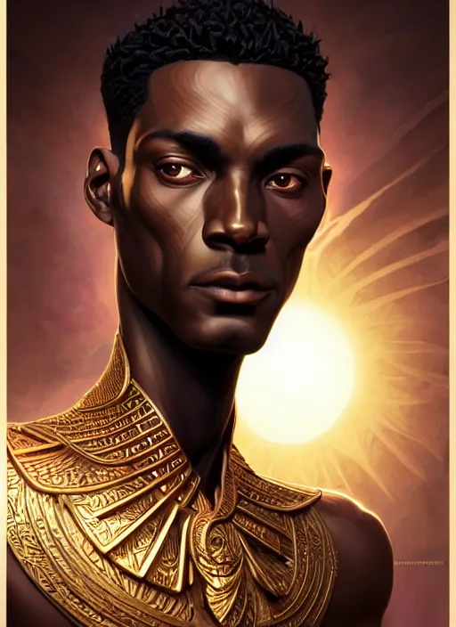 Prompt: close up portrait of ra african symbolism, dark bronze skin, male with strong jawline and angular features, sun god by artgerm, cushart krenz, greg rutkowski, mucha. art nouveau. gloomhaven, swirly vibrant ripples, gaudy colors, sharp edges. ultra clear detailed. 8 k. elegant, intricate, octane render