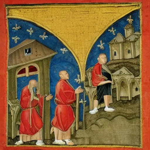 Image similar to flying car in medieval religious art monks and nuns