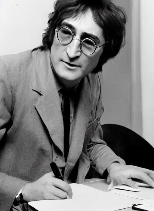 Image similar to john lennon sitting a desk typing on a laptop computer, black and white photo, real, photorealistic