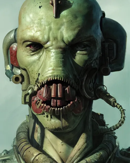 Image similar to hyper realistic portrait of warhammer android head, cinematic, chaos marine, nurgle, artstation, cgsociety, full head and shoulders, greg rutkowski, james gurney, mignola, craig mullins, brom