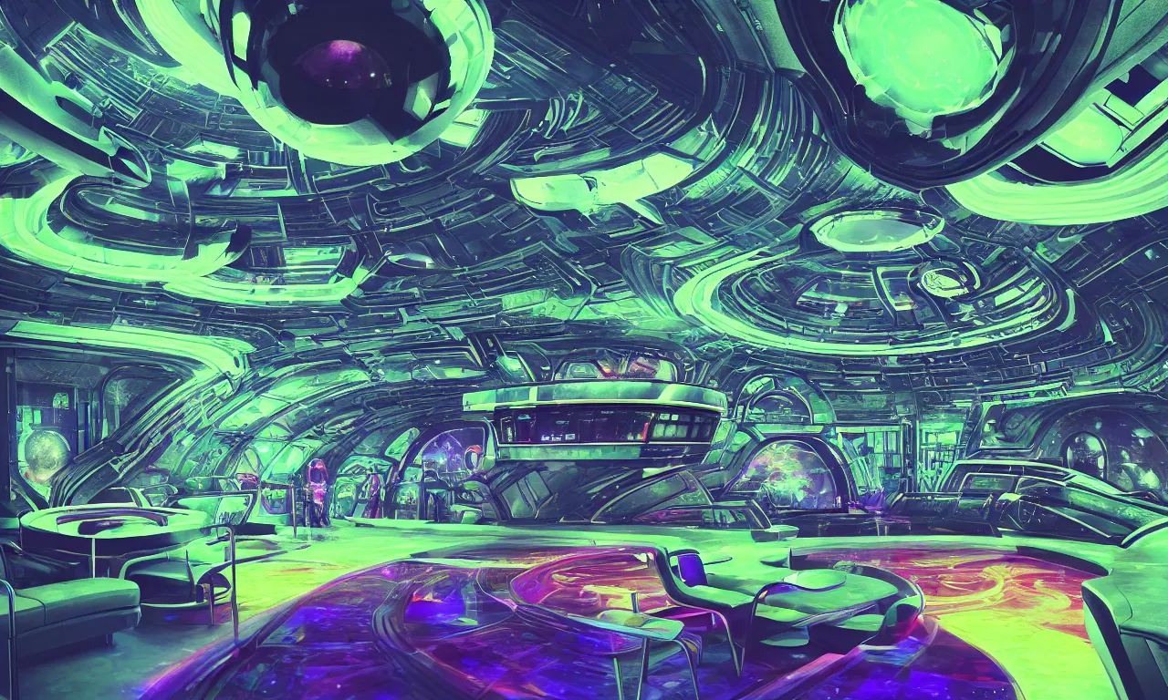 Prompt: interior shot of paradise inside of a spaceship for humans in deep space, night club vibes, neon lights and holograms, futuristic comfortable wooden homes and walkways, celestial objects in the background, spaceship containing every tool for survival, natural, green plants, water features, waterfalls, epic cinematic composition, vibrant colors, fine details, hyperrealism, photograph