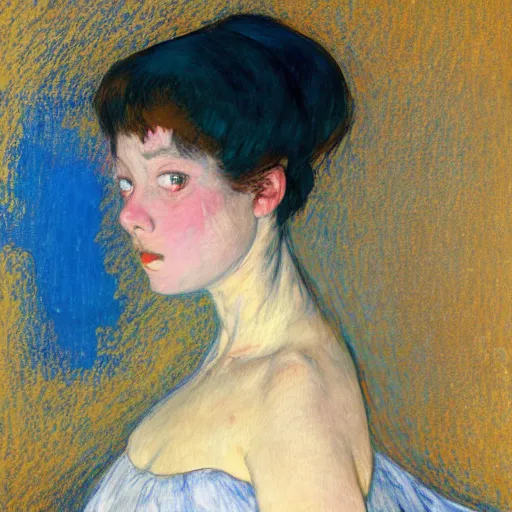 Prompt: palette knife oil painting portrait of a ivory girl in an haunted liminal blue and gold room, film still by goya, by henri de toulouse - lautrec, by klimt, by pontormo, extreme detail, liminal aesthetic, artgerm, deviant art, octane, substance, art history 8 k, art nouveau