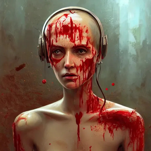 Prompt: A beautiful detailed painting of Dolores Abernathy bathing in blood, robot revolution, apocalypse, Westworld, highly detailed, digital painting, artstation, cgscoiety, cinematic, intricate, smooth, sharp focus, illustration, Unreal Engine 5, concept art, 8K, art by Esao Andrews.