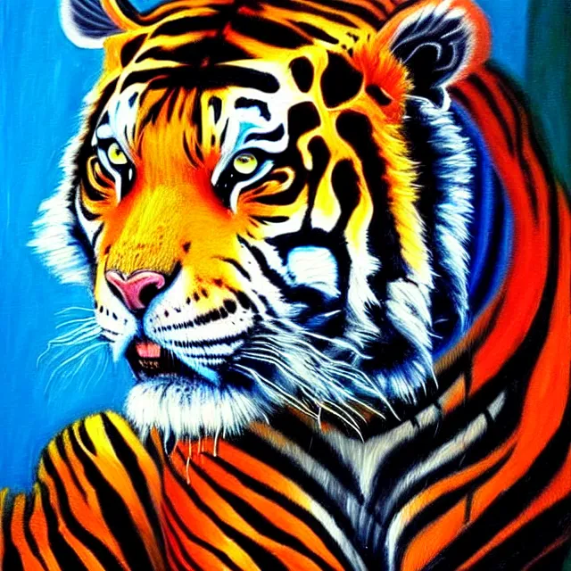 Image similar to a beautiful painting cyberpunk tiger, by jean michel basquiat realistic oil painting