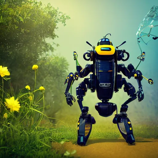 Prompt: A humanoid bumble bee part robot machine surrounded by flora, machine, beeple, artstation, 4k resolution matte painting