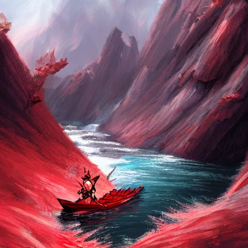 Image similar to a waterfall of blood falls from the top of the mountain, the demons sail along it in canoes, vivid color, highly detailed, mistic atmosphera, digital painting, artstation, concept art, matte, sharp focus, manga style,