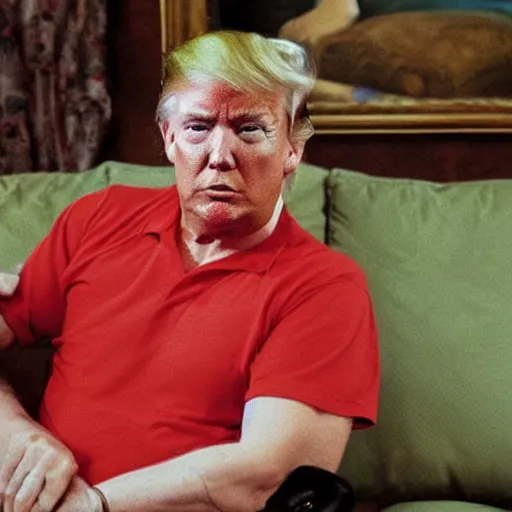 Image similar to Donald Trump sitting on the couch eating a pepperoni pizza