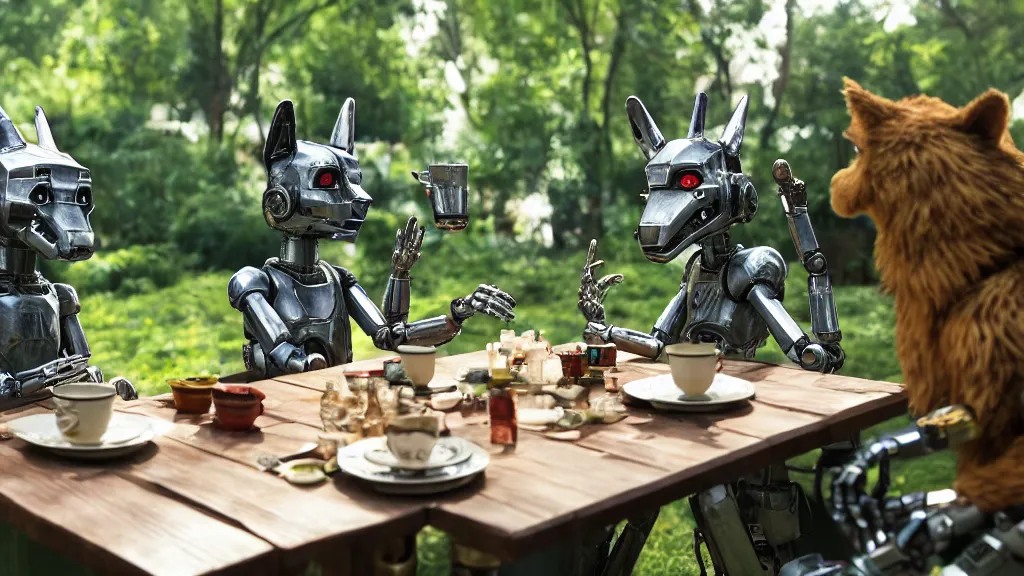 Image similar to film still from the movie chappie of the robot chappie shiny metal outdoor park plants garden scene bokeh depth of field several figures sitting down at a table having a tea party furry anthro anthropomorphic stylized cat ears wolf muzzle head android service droid robot machine fursona