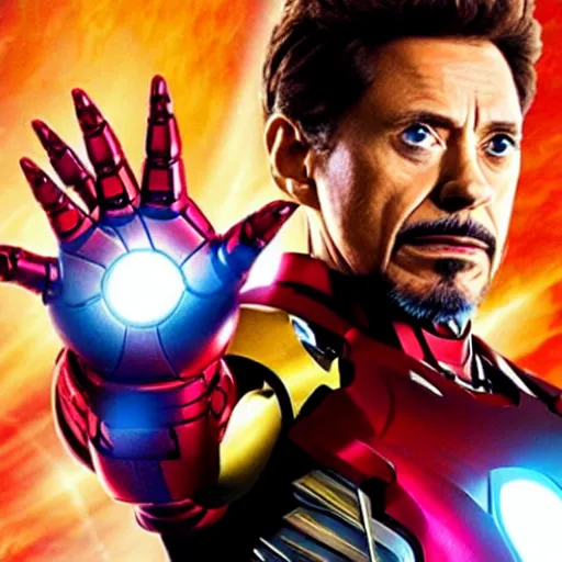 Image similar to william dafoe as iron man with the infinity gauntlet, cinematic