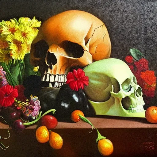 Image similar to still life, flowers, vegetables, fruits and skulls, oil painting, highly detailed