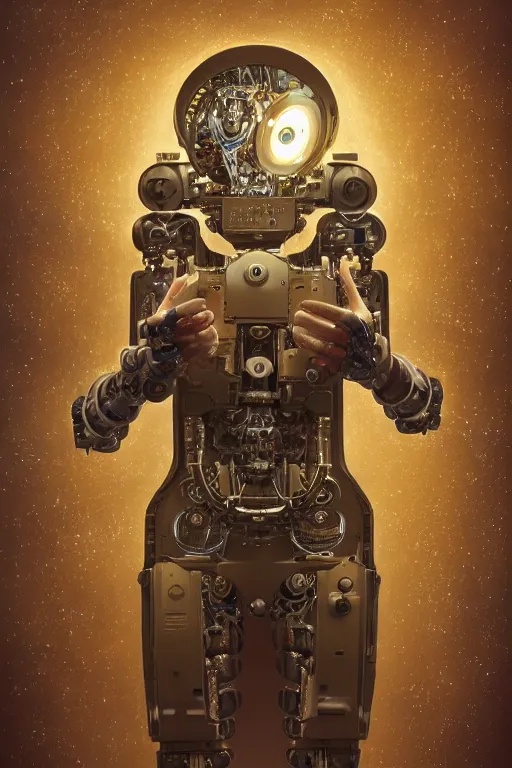 Image similar to a beautiful intricate fine art portrait photo of a happy mechanical futuristic cybernetic humanoid reading a letter of good news, by tom bagshaw and anna dittman, eyes light up, perfection!, studio lighting, golden ratio composition, 3 5 mm lens, bionic robot overgrown with flowers, cybernetic scifi, deep depth of field, artstation, 8 k