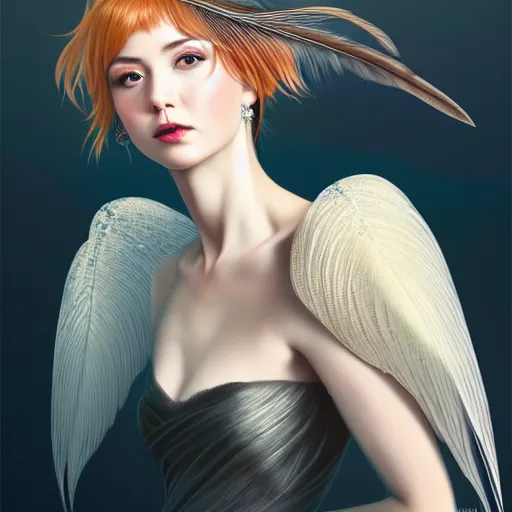 Prompt: 3 / 4 view of a portrait of a woman with feather wings, confident pose, pixie, genshin impact, magical, intricate, elegant, sharp focus, illustration, highly detailed, concept matte, trending on artstation, anime, strong brush stroke, sharp focus, illustration, art station, art by ilya kuvshinov and artgerm h 6 4 0