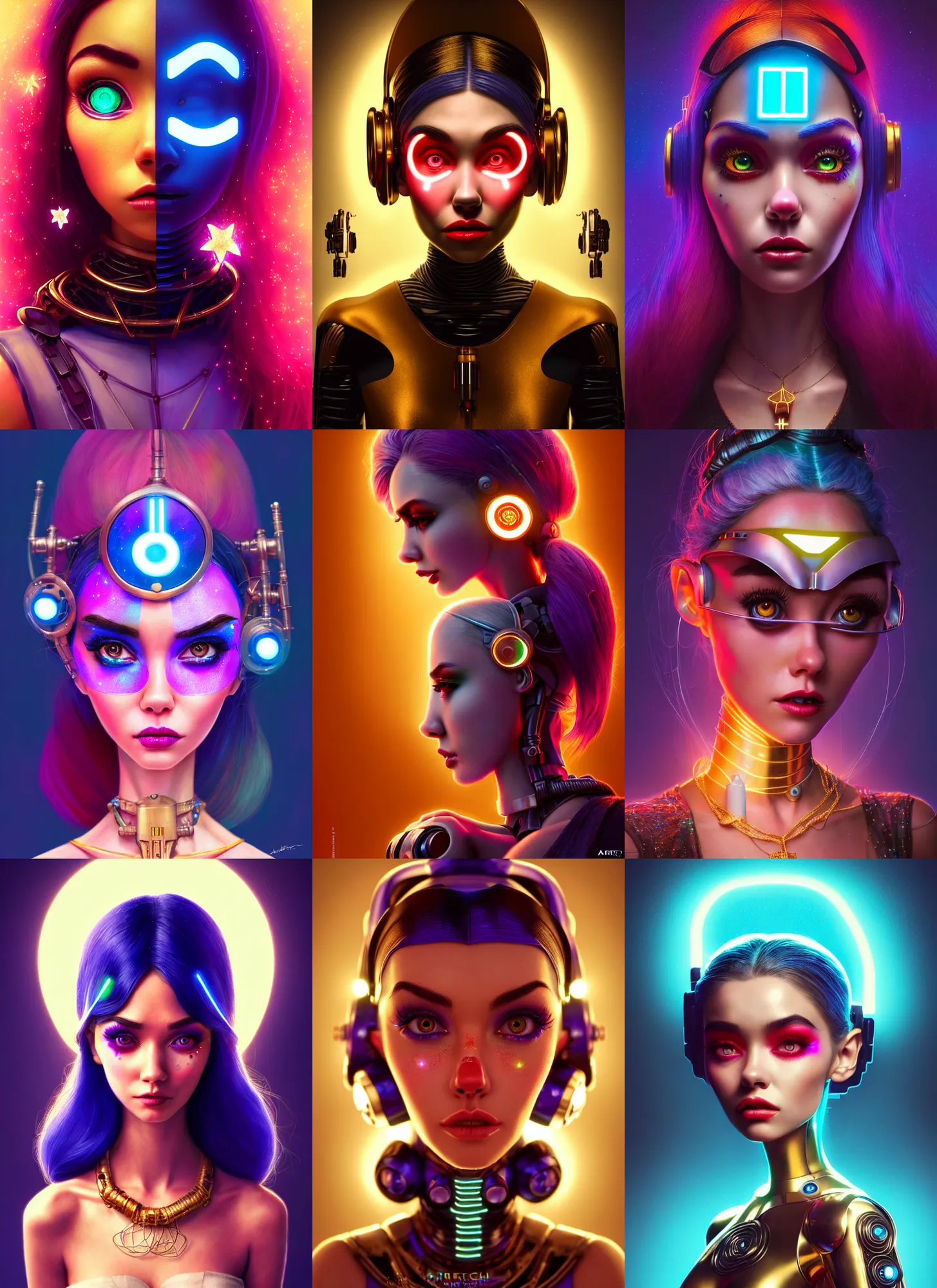 Prompt: pixar portrait 8 k photo, beautiful edc star wars clowncore madison beer cyborg woman, golden ratio jewelry lights, sci - fi, fantasy, cyberpunk, intricate, elegant, highly detailed, digital painting, ever after high, octane render, artstation, concept art, smooth, sharp focus, illustration, art by artgerm, loish, wlop