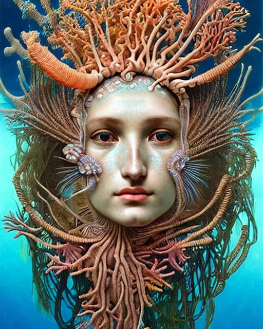 Image similar to hyperrealistic detailed underwater face portrait of the beautiful goddess of the fish skeletons with an intricate headgear of corals, sea kelp, sea plants, fish, starfish, jellyfish, art by ernst haeckel, john william godward, android jones, alphonso mucha, h. r. giger, gothic - cyberpunk, ornamental, beautiful deep colours,