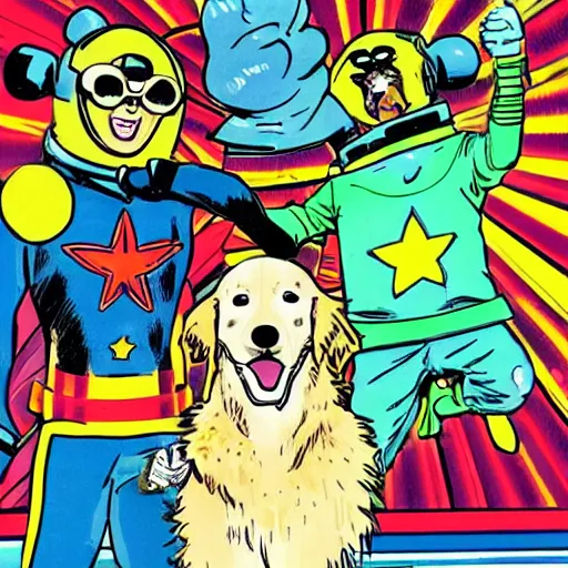 Image similar to a golden retriever and a raccoon dressed as crazy superheroes scientists on an adventure in space, 1960s psychedelic style