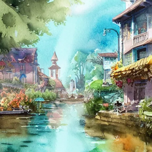 Image similar to Beautiful happy picturesque charming sci-fi town in harmony with nature. Beautiful light. Water and plants. Nice colour scheme, soft warm colour. Beautiful detailed watercolor by Lurid. (2022)