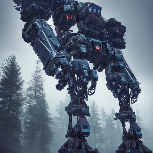 Image similar to futuristic colossal mech fortress travels across a swedish forest in the misty morning very low angle photograph trending on artstation