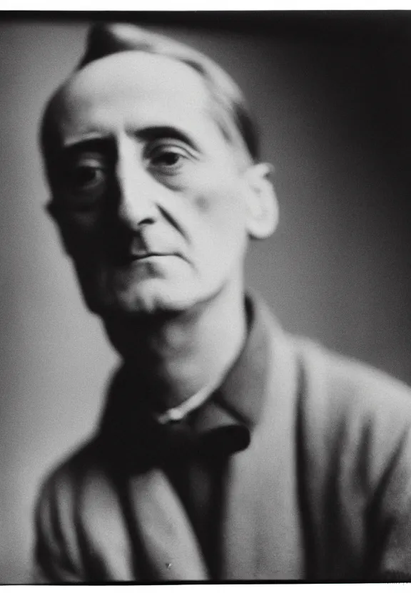 Image similar to a close - up casual photo of marcel duchamp looking away, 1 9 2 0 s monochrome snapshot, graflex 4 x 5, f 1. 8, 3 5 mm, ilford delta 3 2 0 0 pro