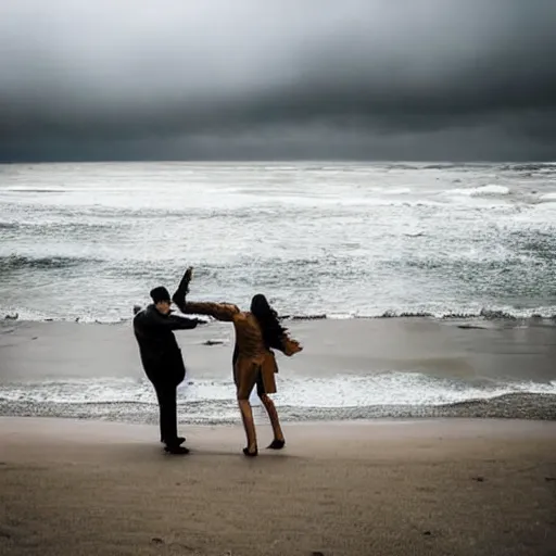 Prompt: zoom in photo of a man and woman, both wearing light brown trenchcoats, dancing together on a beach during cloudy weather, it is a little dark outside