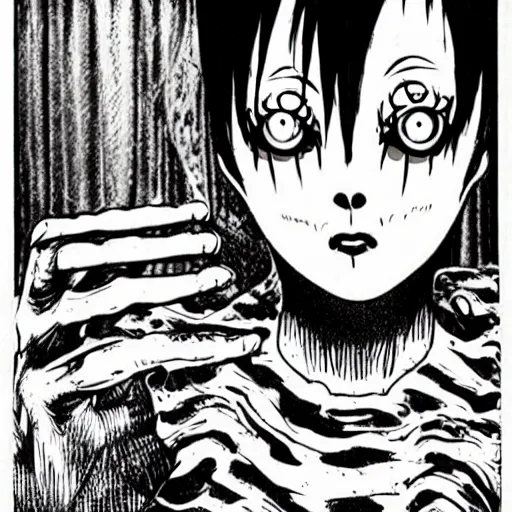 Image similar to Go to bed. Horror photo in style of Junji Ito