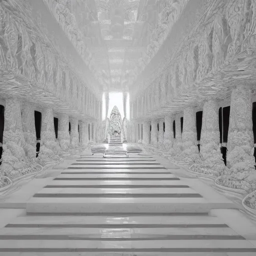 Prompt: the interior of a beautiful white temple carved into a mountain, large white halls with gigantic pillars, marble floor, digital artwork, fantasy, epic, realistic, high quality, detailed, wallpaper,