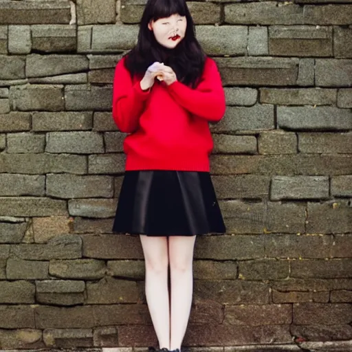 Prompt: of girl wearing red sweater with short black skirt and high heal shoes