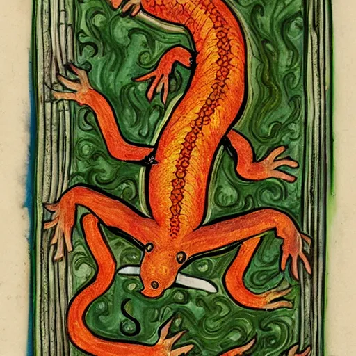 Image similar to salamander on fire in the style of a grotesque of an illuminated manuscript