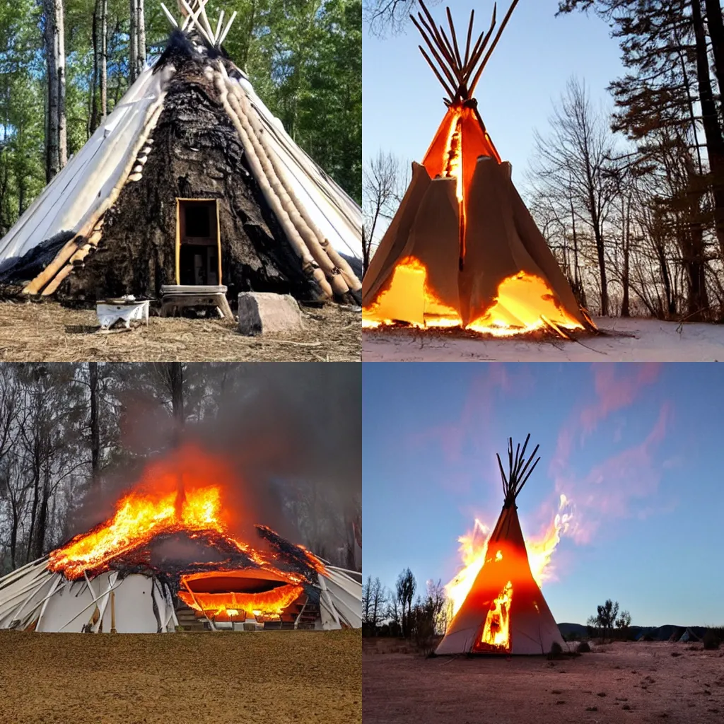 Prompt: an alien building, a fire in a teepee