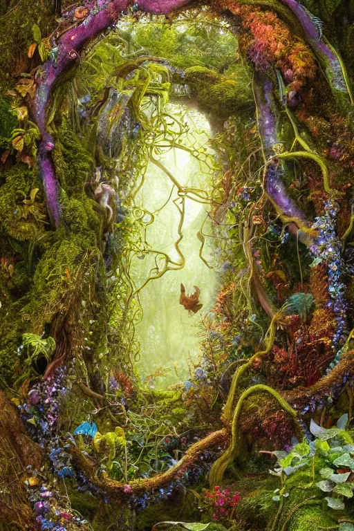 Image similar to a beautiful and highly detailed digital painting of a portal to fairyland, iridescent crystals, moss, multicoloured vines, tangled, the secret garden. intricate details, epic scale, hyperdetailed, hyperrealism,, artstation, cgsociety, 8 k, sharp focus, by caspar friedrich, albert bierstadt, james gurney, brian froud,