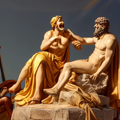Image similar to athena talking with odysseus, laughing and nodding, photorealistic, prizewinning photo, ultradetailed, golden hour lighting