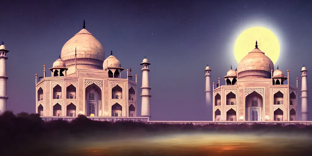 Image similar to The Taj Mahal with the moonlight, extremely detailed digital painting, in the style of Fenghua Zhong and Ruan Jia and jeremy lipking and Peter Mohrbacher, mystical colors, rim light, beautiful Lighting, 8k, stunning scene, raytracing, octane, trending on artstation