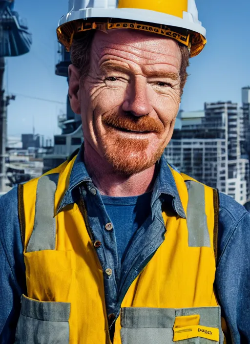 Image similar to closeup portrait of cheerful bryan cranston as a crane operator, yellow hardhat, sitting in a crane, natural light, bloom, detailed face, magazine, press, photo, steve mccurry, david lazar, canon, nikon, focus