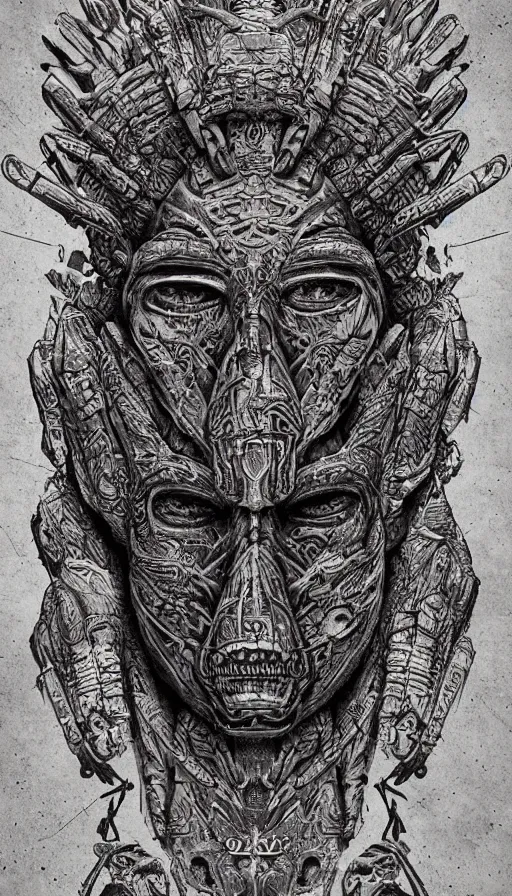 Prompt: ancient interstellar hybrid aztec fantasy beautiful alien symmetrical human face skull mask tattoo pattern concept, teonanacatl glyph, intricate artwork by, Johnatan Wayshak, Zdizslaw Beksinski, face by Artgerm, H.R. Giger, very coherent artwork, cinematic, hyper realism, high detail, octane render, unreal engine, 8k, High contrast, higly detailed black ink outline, crosshatch sketch gradient