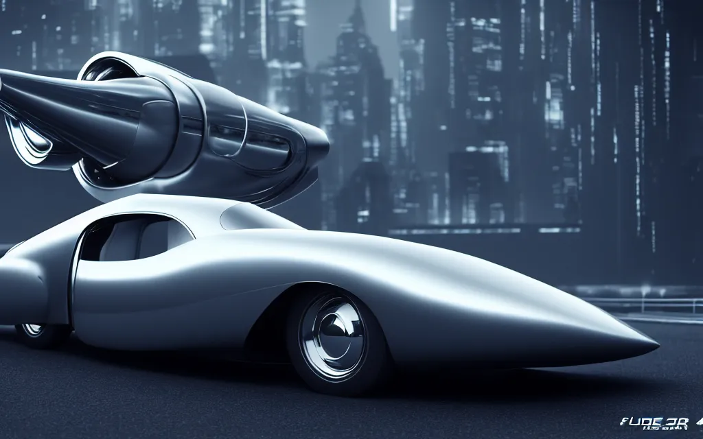 Prompt: full cinematic scene of a futuristic 1 9 5 0's classic car in a future bladerunner art - deco fusion style, concept car 4 k realistic photorender