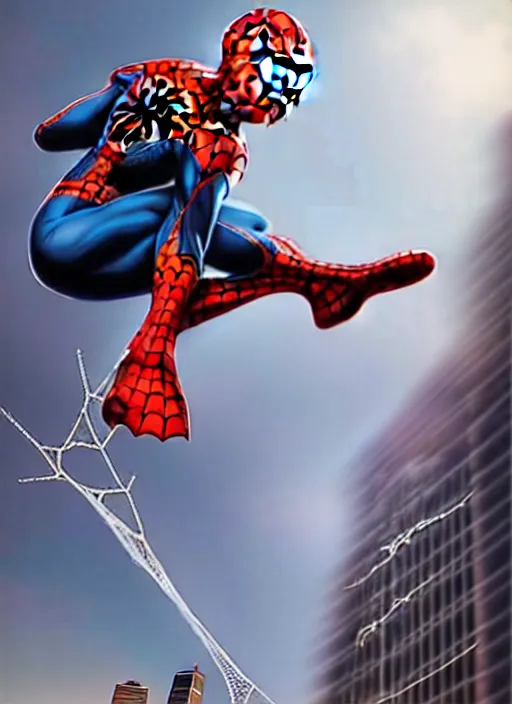 Image similar to spider man jumping from buildings with his net, by artgerm