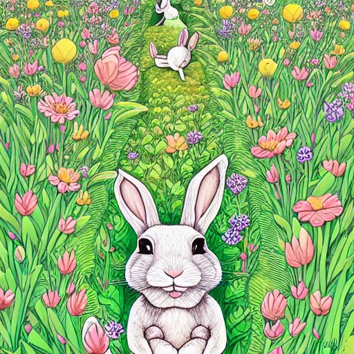 Prompt: rabbit burrow beside a flower lined river extremely detailed, sharp focus, wide view, full body shot, smooth, digital illustration, by james jean, by rossdraws, frank franzzeta, sakimichan