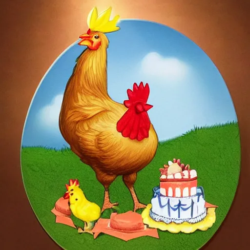 Prompt: a crisp and very detailed very accurate photo in a barnyard with a small newly-hatched baby chick and a large rooster standing near a birthday cake.