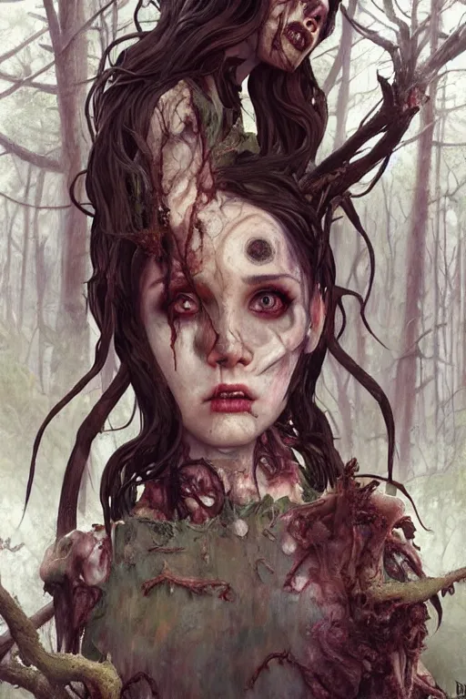 Prompt: scared cottagecore zombie Ariana Grande , rotten flesh & corpses, creepy forest, intricate, elegant, highly detailed, digital painting, artstation, concept art, smooth, sharp, focus, illustration, art by artgerm and greg rutkowski and alphonse mucha