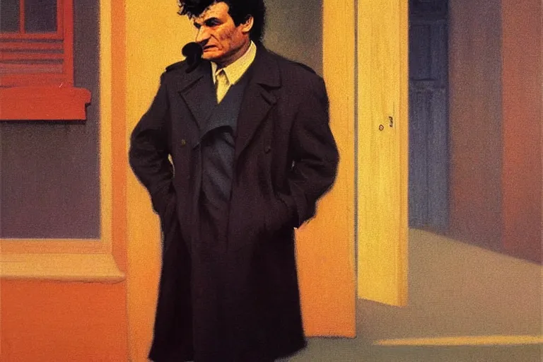 Image similar to police detective columbo ( young peter falk ) in his trenchcoat, holding his head in one hand and a cigar in the other. 1 9 7 0 s oil painting in the style of edward hopper and ilya repin gaston bussiere, craig mullins. warm colors. detailed and hyperrealistic.